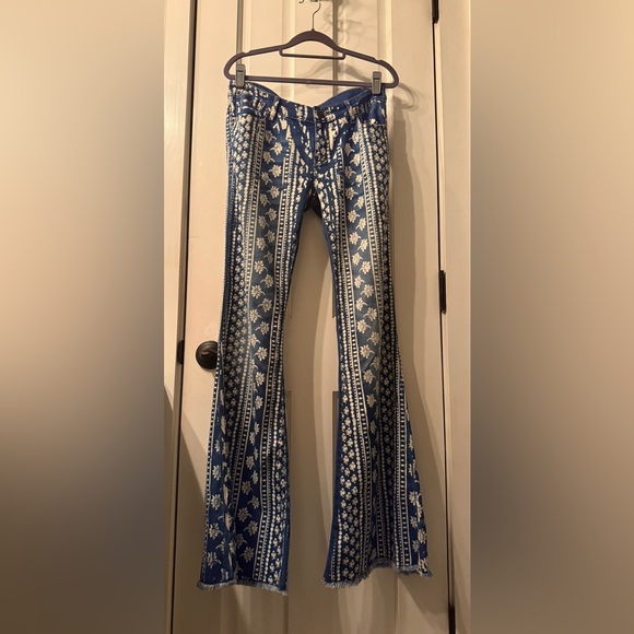 Free People Indigo and White Patterned Flare Jeans - Picture 7 of 16